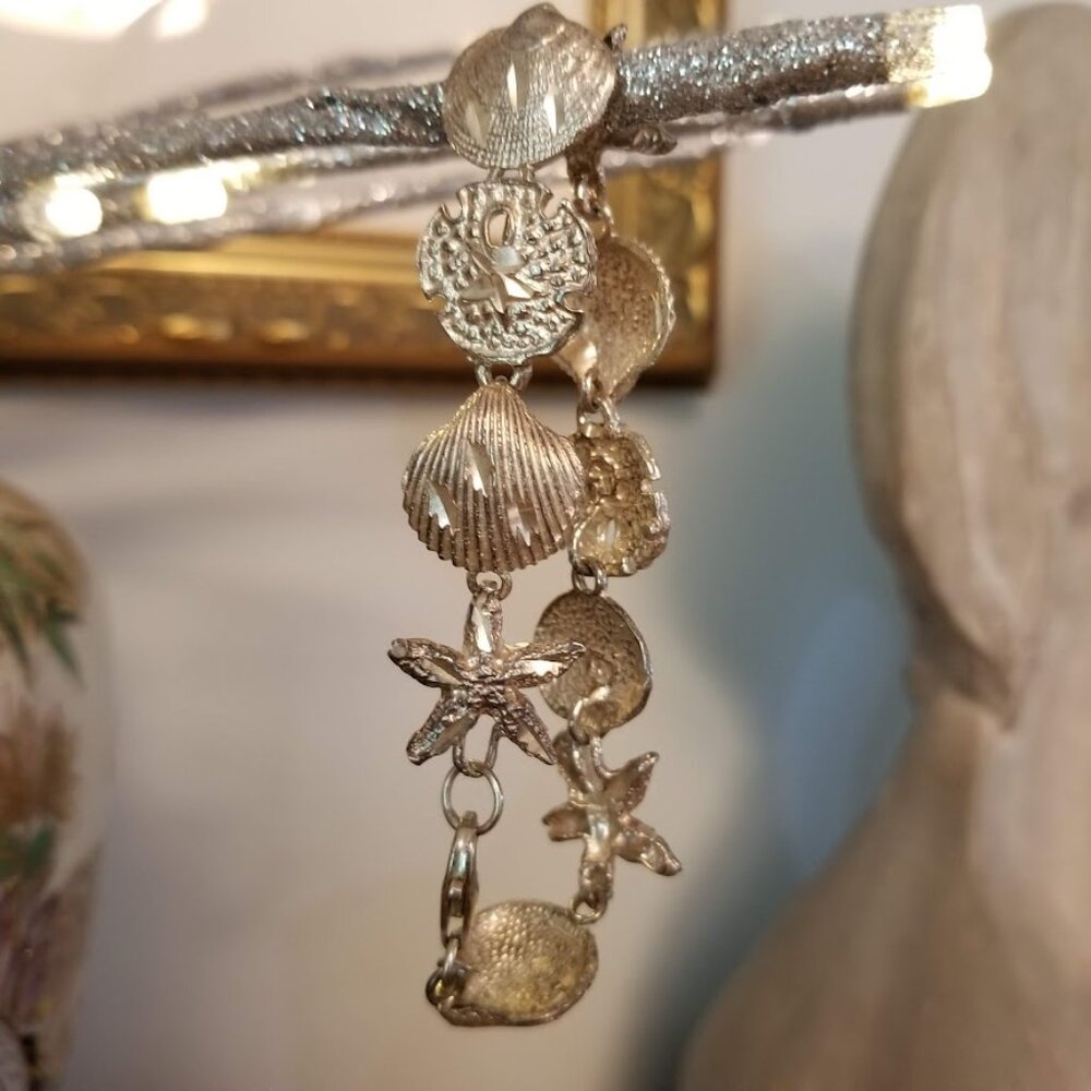 Silver 925 Signed Ocean Marine Life Bracelet Seashell Starfish Sand Dollar